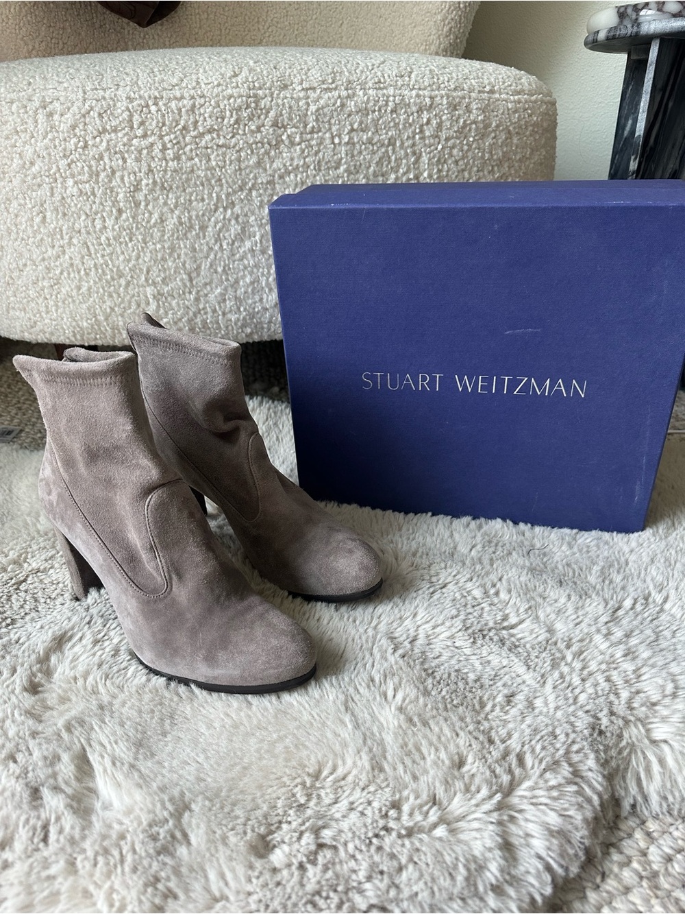 Stuart Weitzman Taupe Suede “Perfection” Ankle Booties